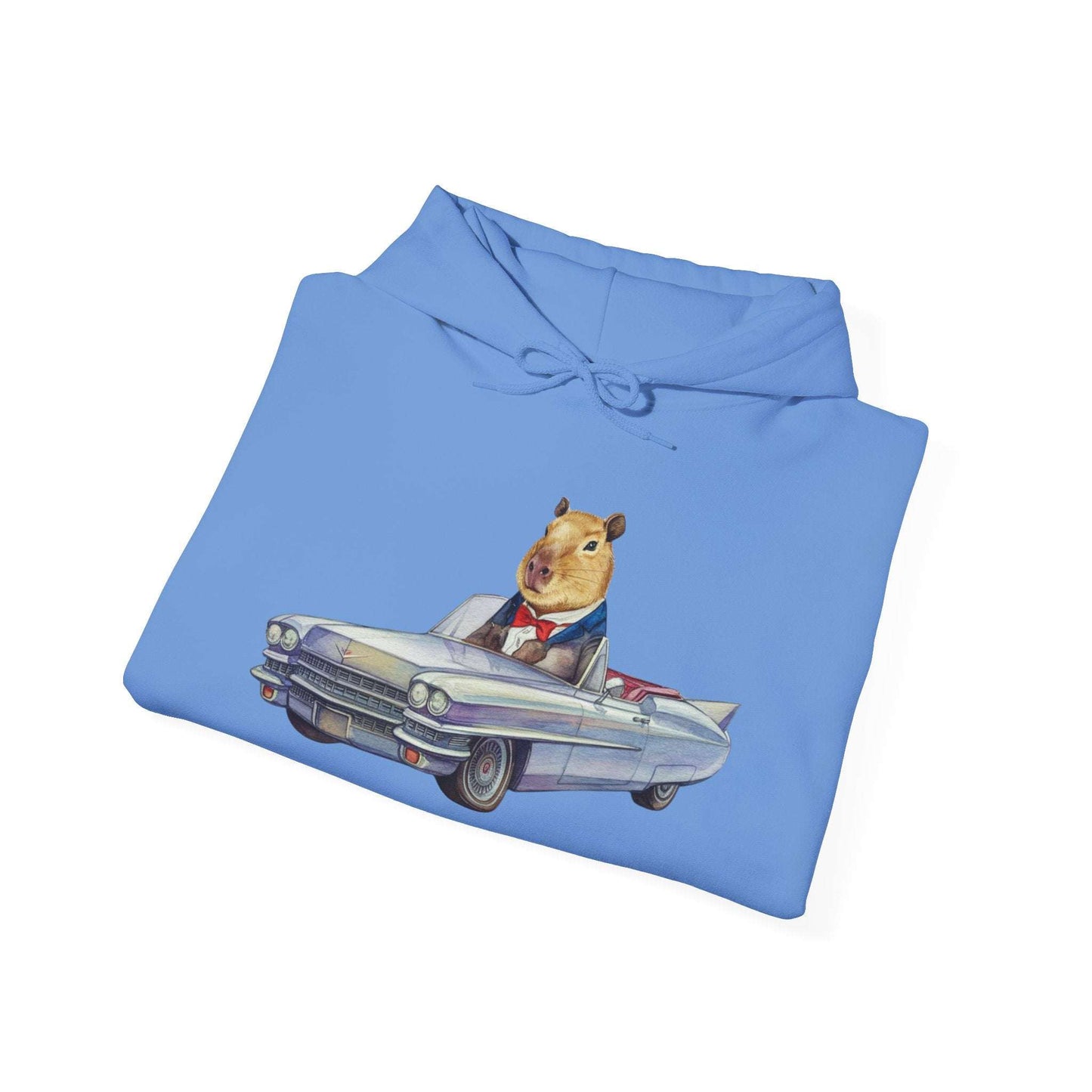 Capybara in a Suit Driving a Vintage Convertible Cadillac Unisex Fall Oversized Hooded Sweatshirt. Vintage Car Lover Hoodie. Cappy Hoodie.