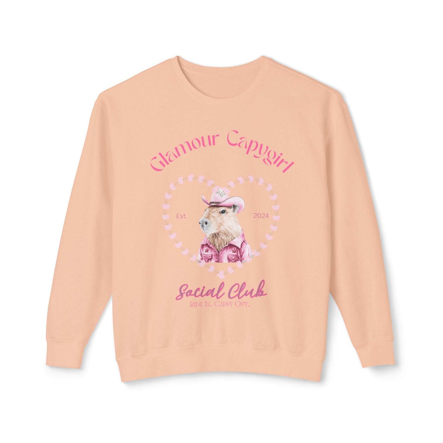 Glamour Capygirl Social Club Pullover | Capybara Cowgirl  Unisex Lightweight Crewneck Sweatshirt. Unique Glamour Cowgirl Sweatshirt Gift.