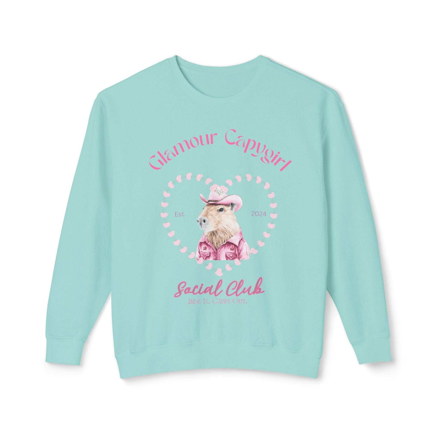 Glamour Capygirl Social Club Pullover | Capybara Cowgirl  Unisex Lightweight Crewneck Sweatshirt. Unique Glamour Cowgirl Sweatshirt Gift.