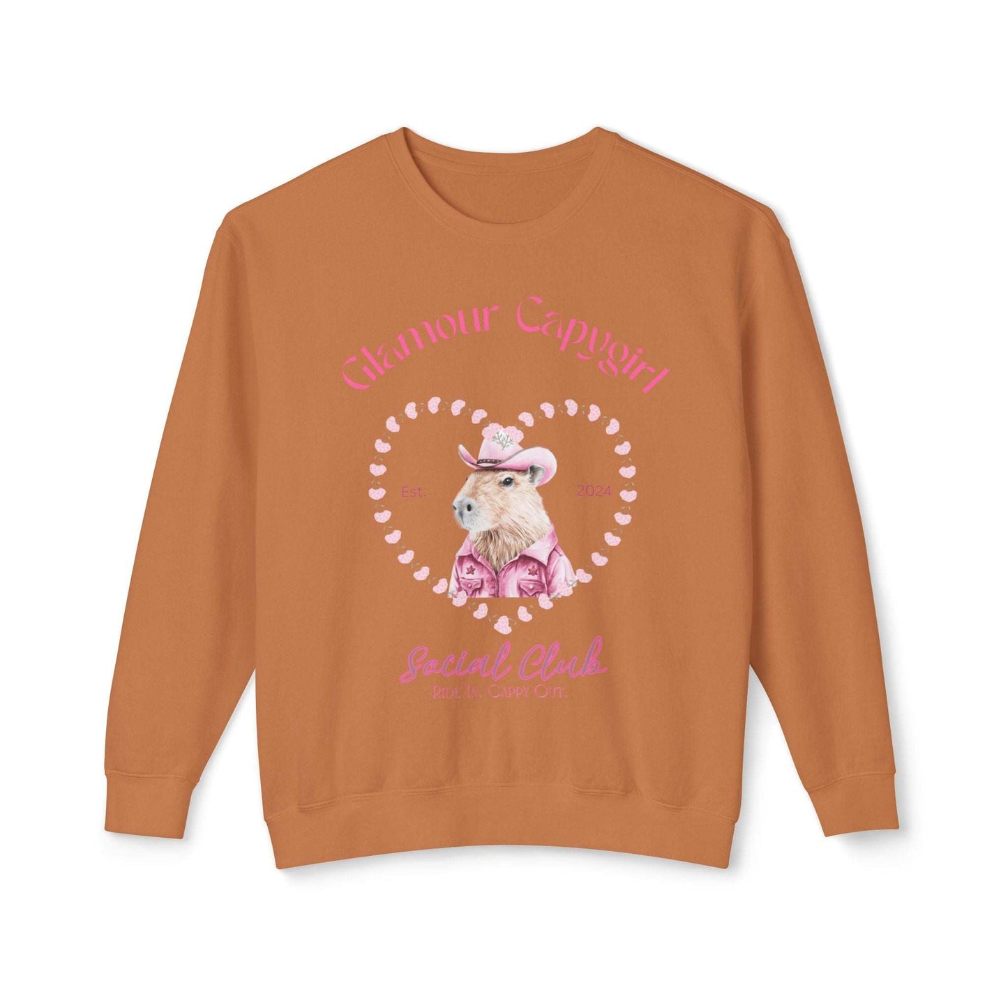 Glamour Capygirl Social Club Pullover | Capybara Cowgirl  Unisex Lightweight Crewneck Sweatshirt. Unique Glamour Cowgirl Sweatshirt Gift.