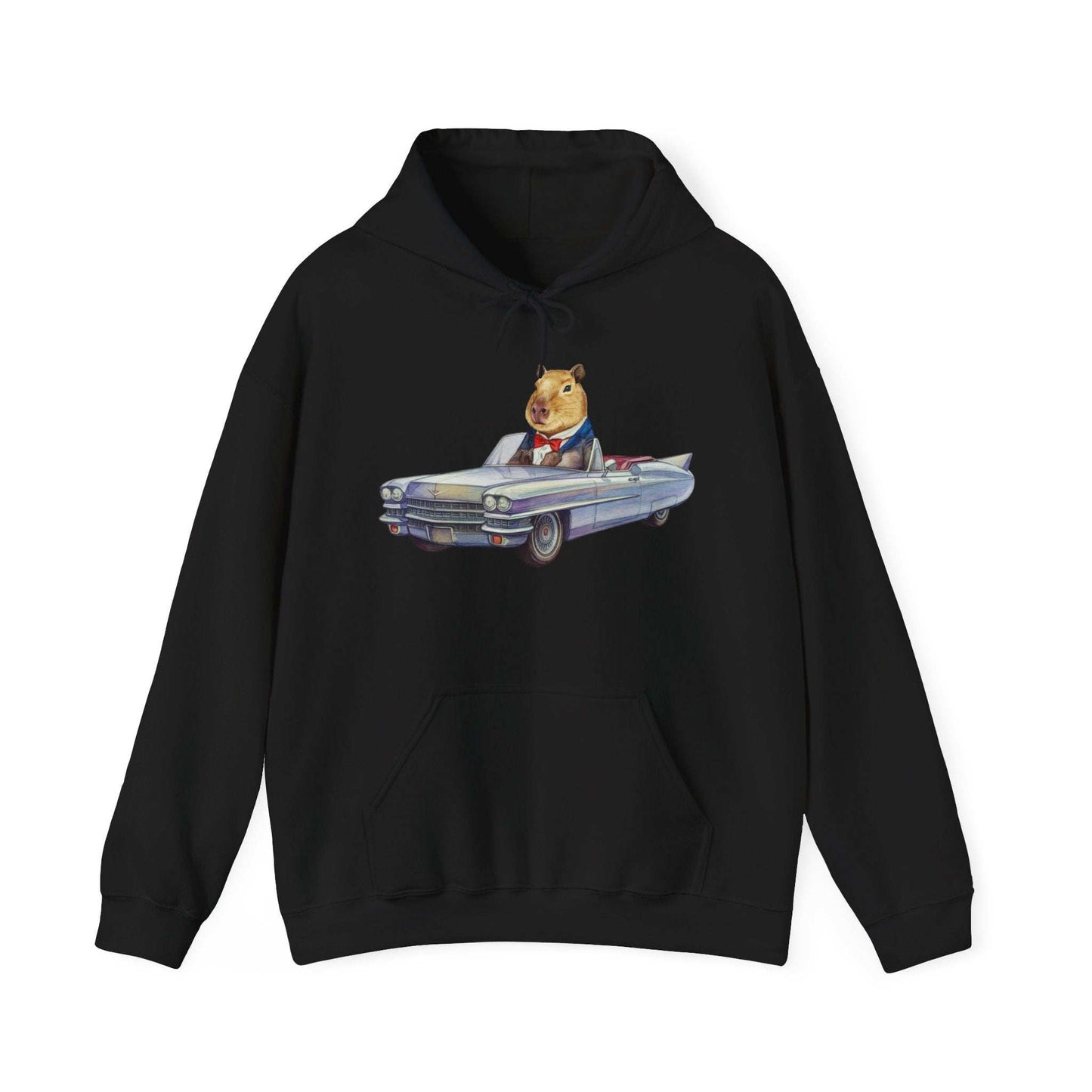 Capybara in a Suit Driving a Vintage Convertible Cadillac Unisex Fall Oversized Hooded Sweatshirt. Vintage Car Lover Hoodie. Cappy Hoodie.