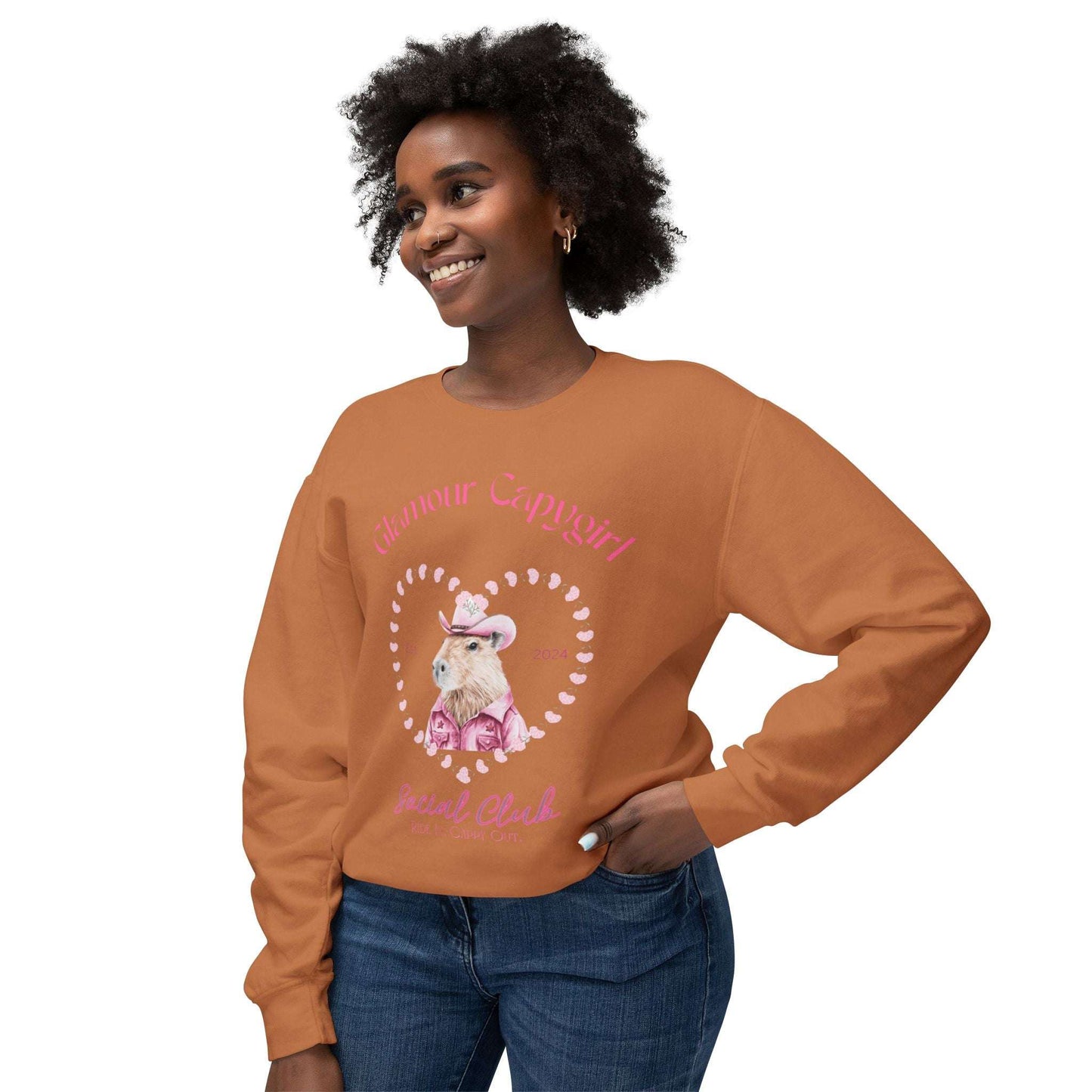 Glamour Capygirl Social Club Pullover | Capybara Cowgirl  Unisex Lightweight Crewneck Sweatshirt. Unique Glamour Cowgirl Sweatshirt Gift.