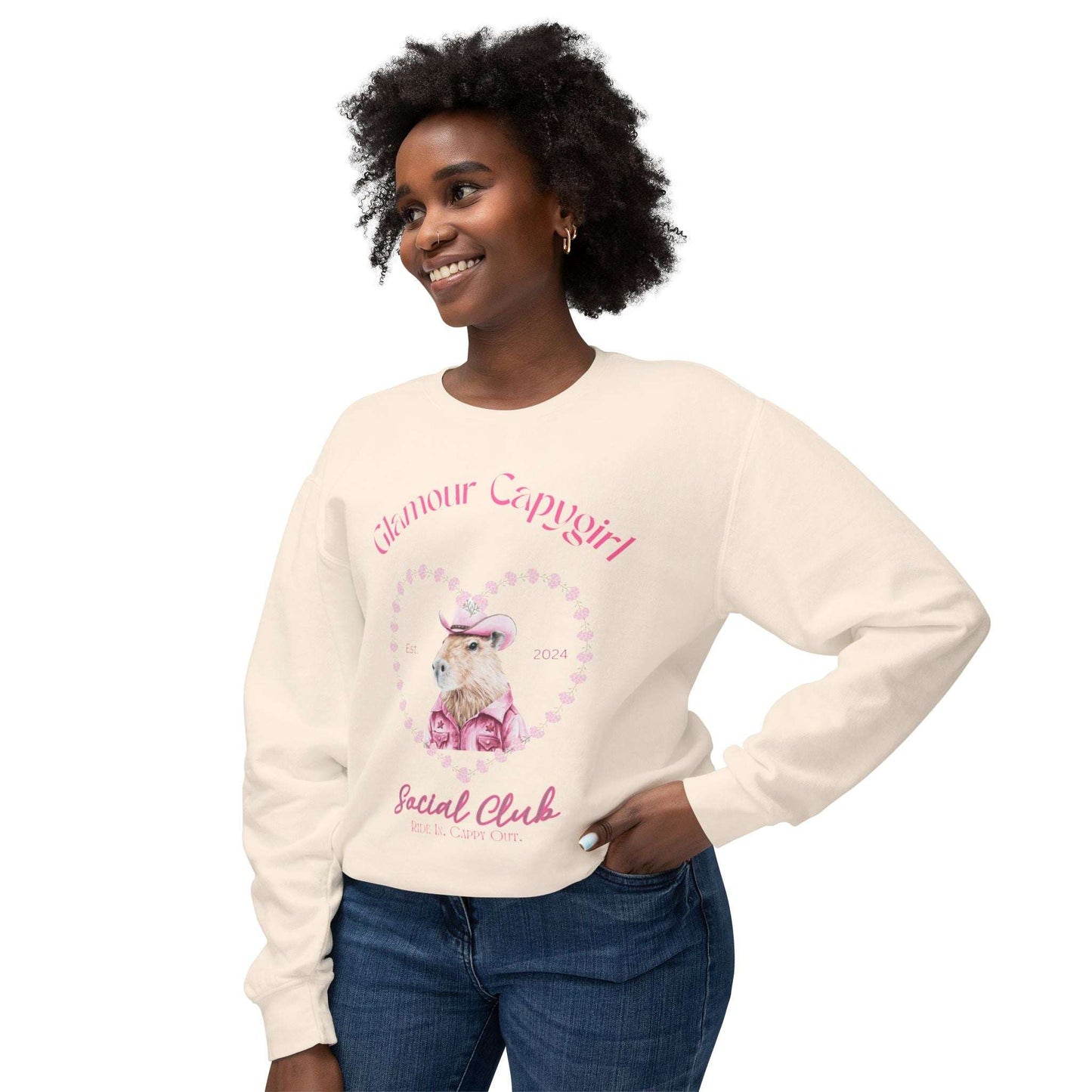 Glamour Capygirl Social Club Pullover | Capybara Cowgirl  Unisex Lightweight Crewneck Sweatshirt. Unique Glamour Cowgirl Sweatshirt Gift.