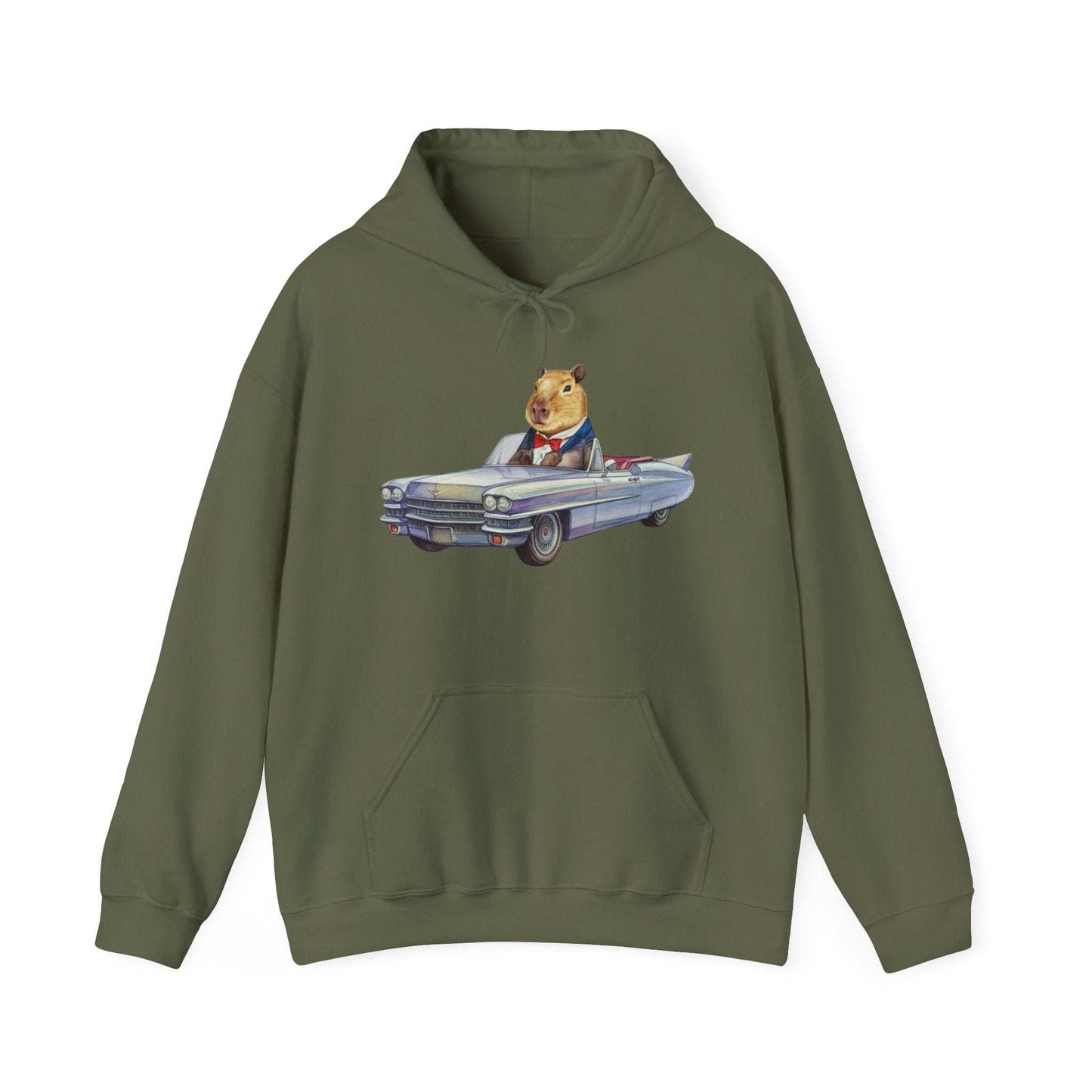 Capybara in a Suit Driving a Vintage Convertible Cadillac Unisex Fall Oversized Hooded Sweatshirt. Vintage Car Lover Hoodie. Cappy Hoodie.