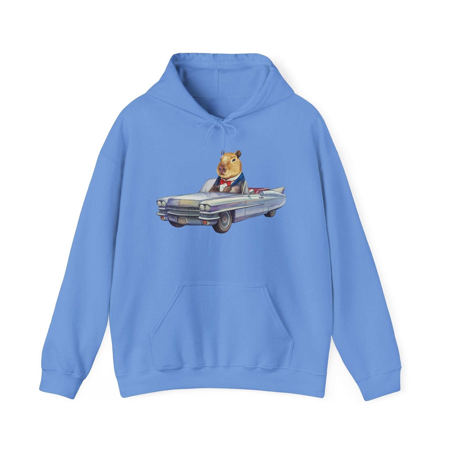 Capybara in a Suit Driving a Vintage Convertible Cadillac Unisex Fall Oversized Hooded Sweatshirt. Vintage Car Lover Hoodie. Cappy Hoodie.