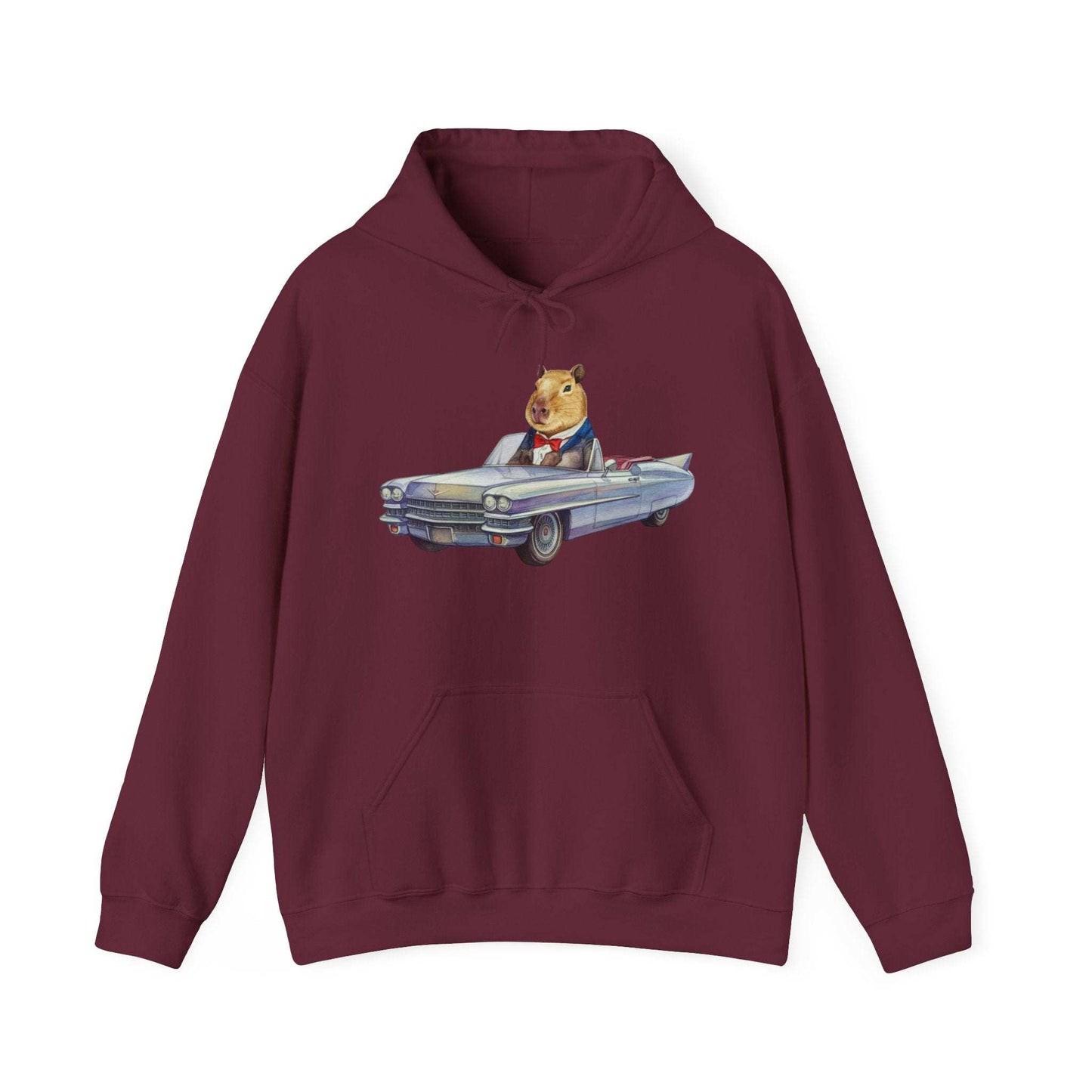 Capybara in a Suit Driving a Vintage Convertible Cadillac Unisex Fall Oversized Hooded Sweatshirt. Vintage Car Lover Hoodie. Cappy Hoodie.