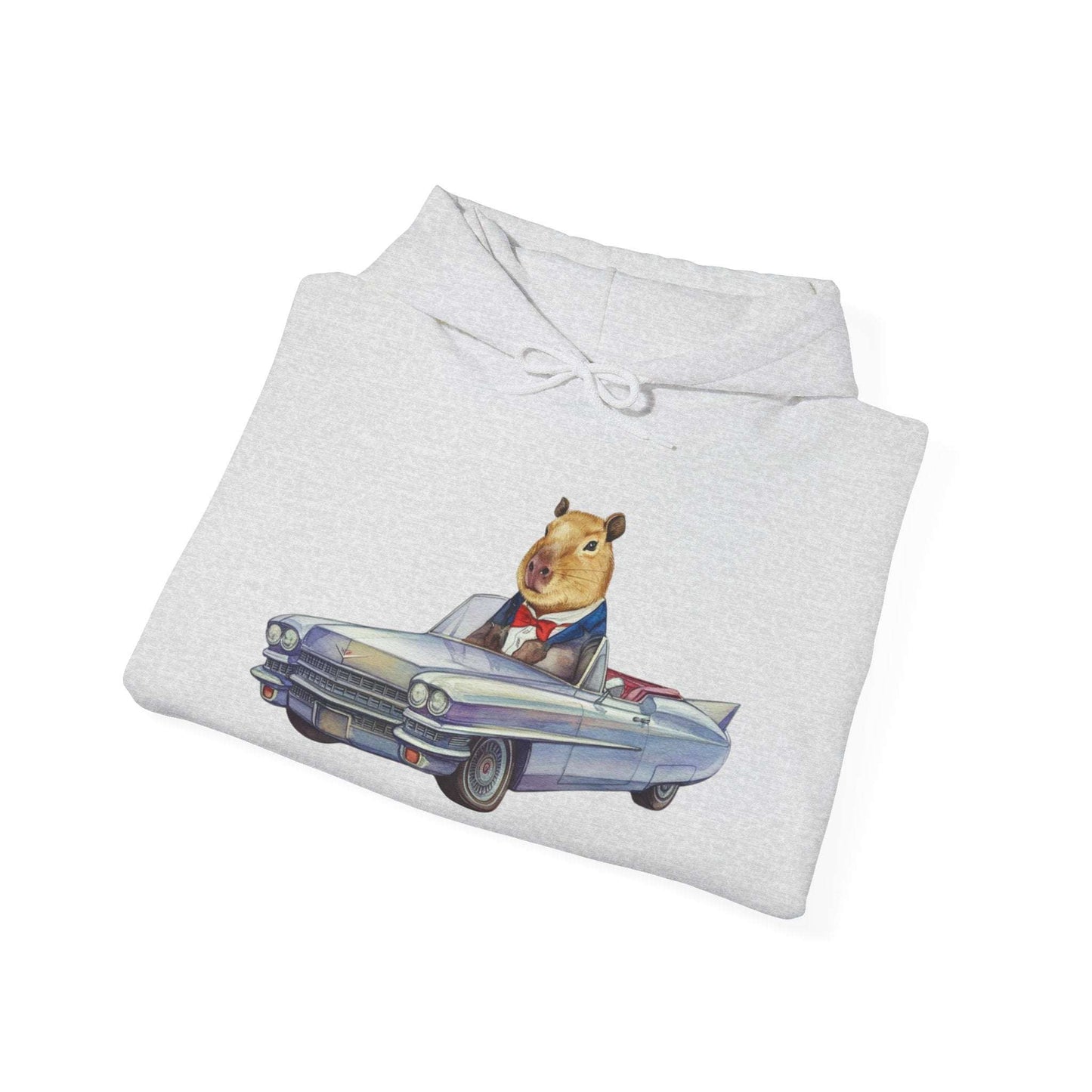 Capybara in a Suit Driving a Vintage Convertible Cadillac Unisex Fall Oversized Hooded Sweatshirt. Vintage Car Lover Hoodie. Cappy Hoodie.