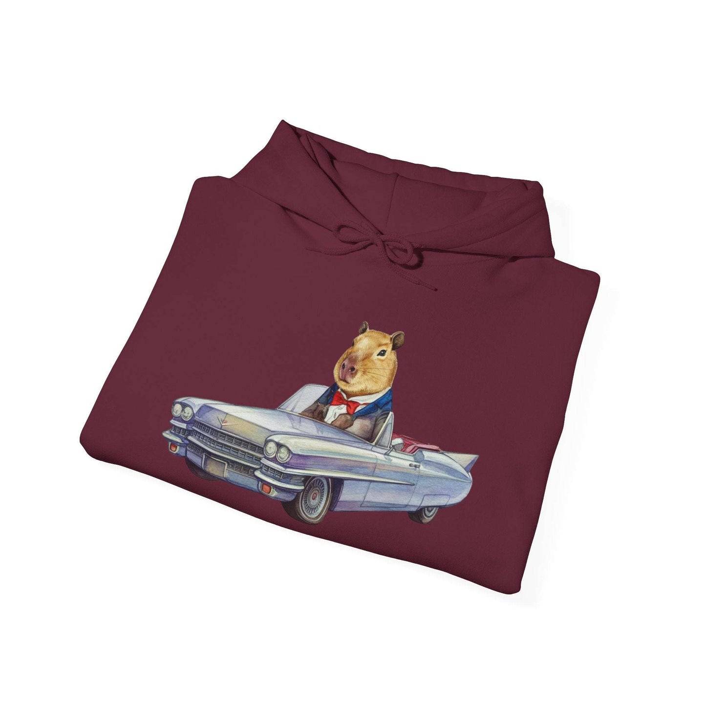 Capybara in a Suit Driving a Vintage Convertible Cadillac Unisex Fall Oversized Hooded Sweatshirt. Vintage Car Lover Hoodie. Cappy Hoodie.