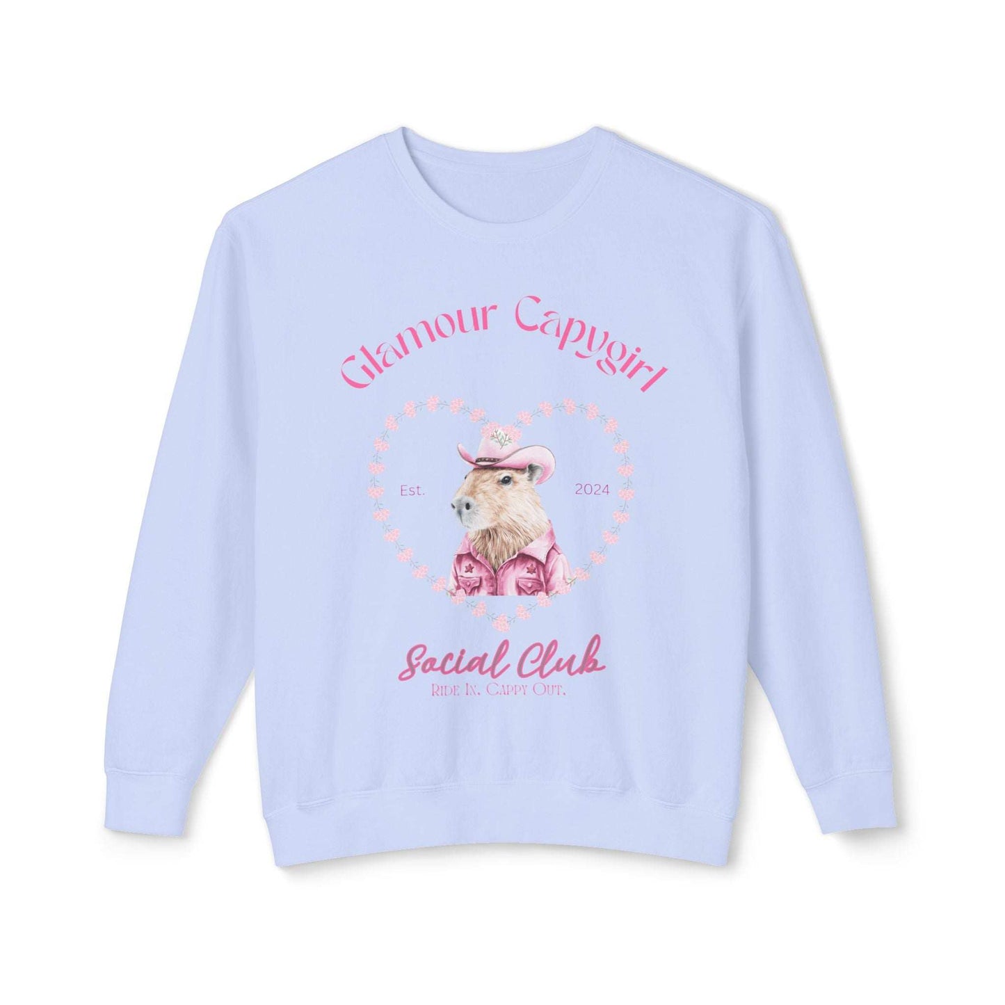 Glamour Capygirl Social Club Pullover | Capybara Cowgirl  Unisex Lightweight Crewneck Sweatshirt. Unique Glamour Cowgirl Sweatshirt Gift.