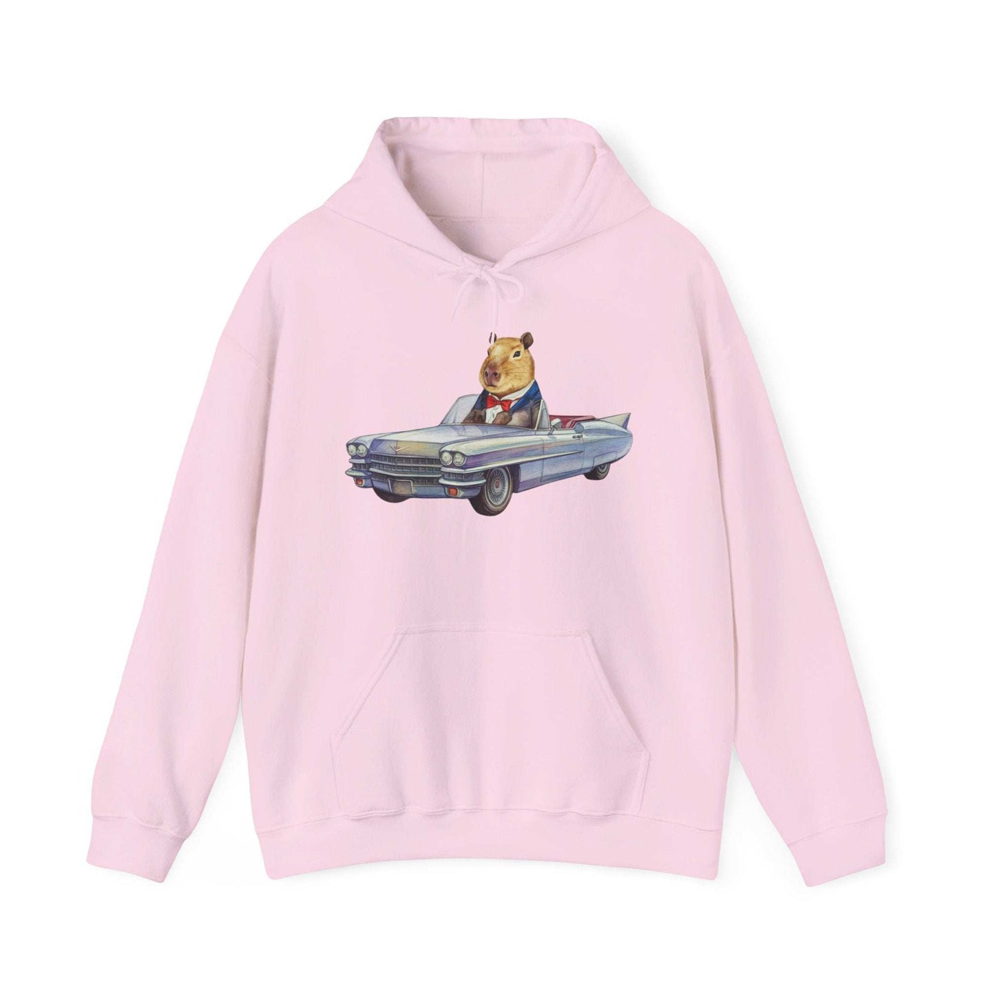 Capybara in a Suit Driving a Vintage Convertible Cadillac Unisex Fall Oversized Hooded Sweatshirt. Vintage Car Lover Hoodie. Cappy Hoodie.