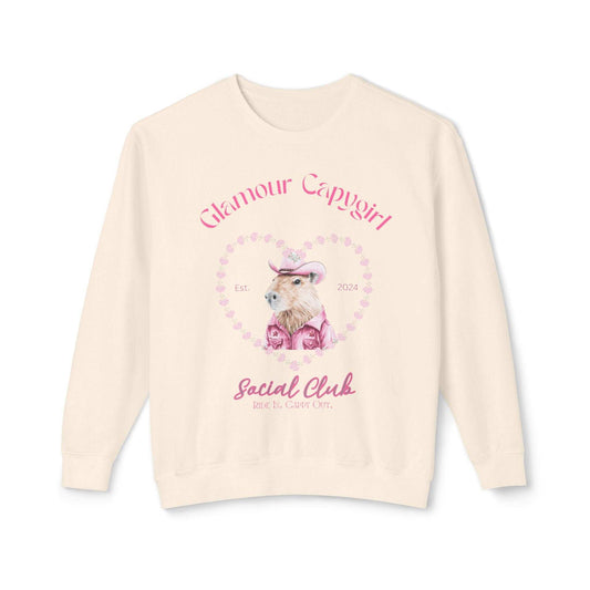 Glamour Capygirl Social Club Pullover | Capybara Cowgirl  Unisex Lightweight Crewneck Sweatshirt. Unique Glamour Cowgirl Sweatshirt Gift.