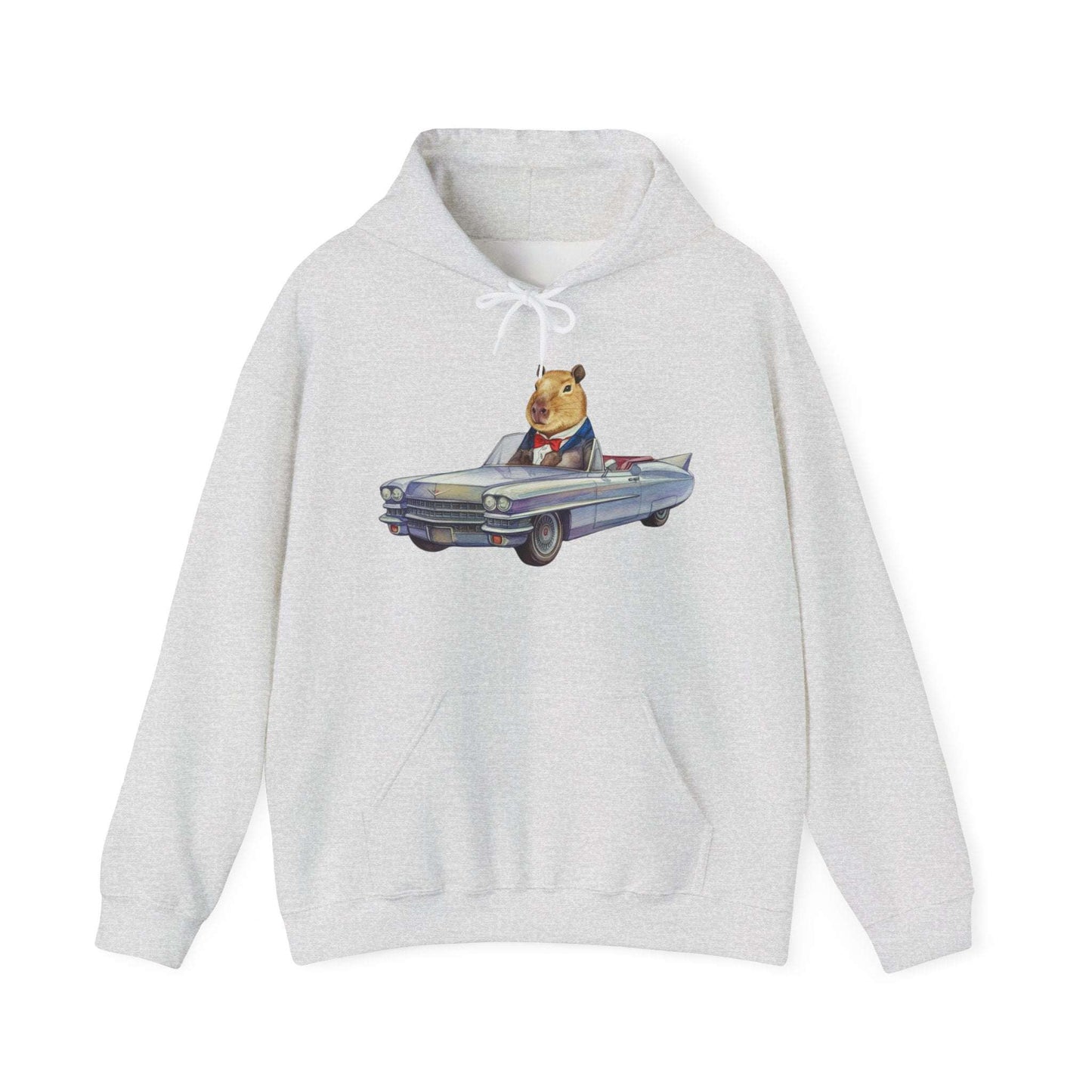 Capybara in a Suit Driving a Vintage Convertible Cadillac Unisex Fall Oversized Hooded Sweatshirt. Vintage Car Lover Hoodie. Cappy Hoodie.