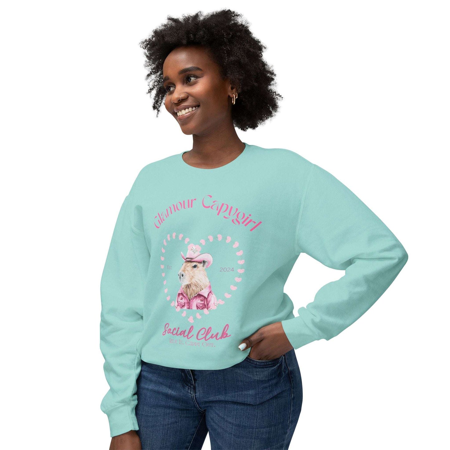 Glamour Capygirl Social Club Pullover | Capybara Cowgirl  Unisex Lightweight Crewneck Sweatshirt. Unique Glamour Cowgirl Sweatshirt Gift.