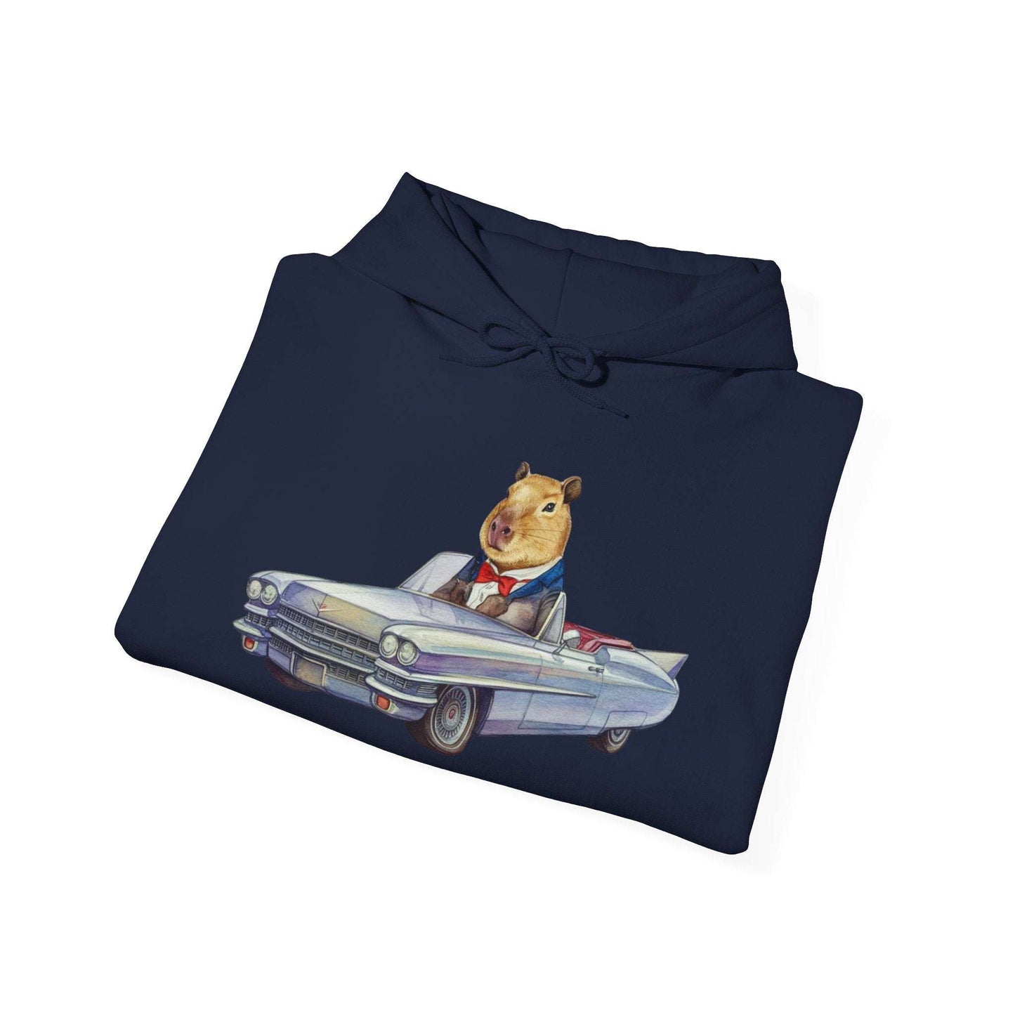 Capybara in a Suit Driving a Vintage Convertible Cadillac Unisex Fall Oversized Hooded Sweatshirt. Vintage Car Lover Hoodie. Cappy Hoodie.