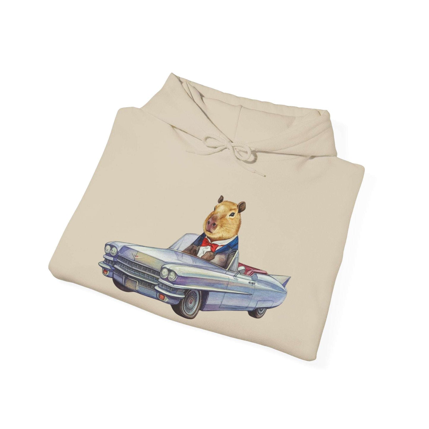 Capybara in a Suit Driving a Vintage Convertible Cadillac Unisex Fall Oversized Hooded Sweatshirt. Vintage Car Lover Hoodie. Cappy Hoodie.