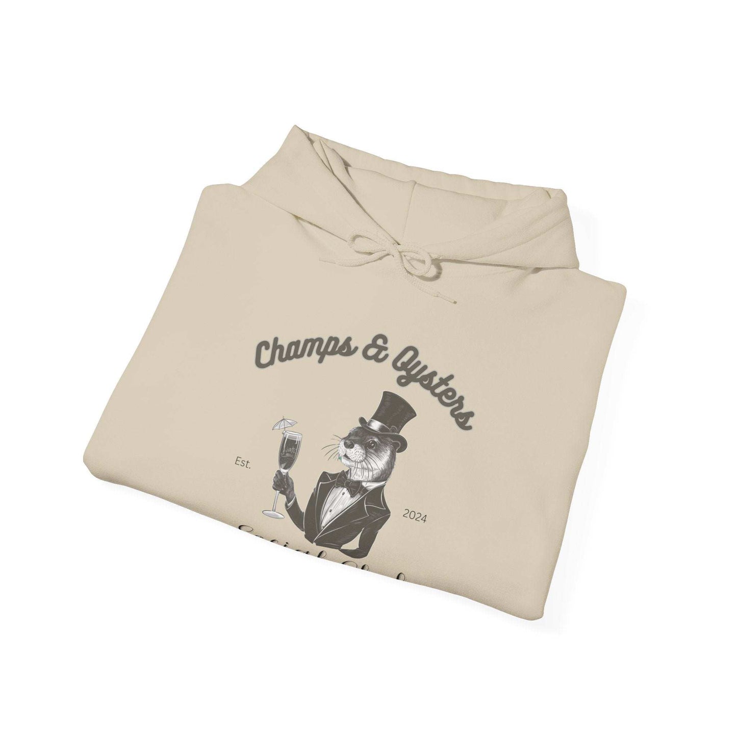 Champs And Oysters Otterly Exclusive Social Club Hoodie. Unisex Cotton Hooded Sweatshirt. Otterwear for the Champagne and Oyster Lover.