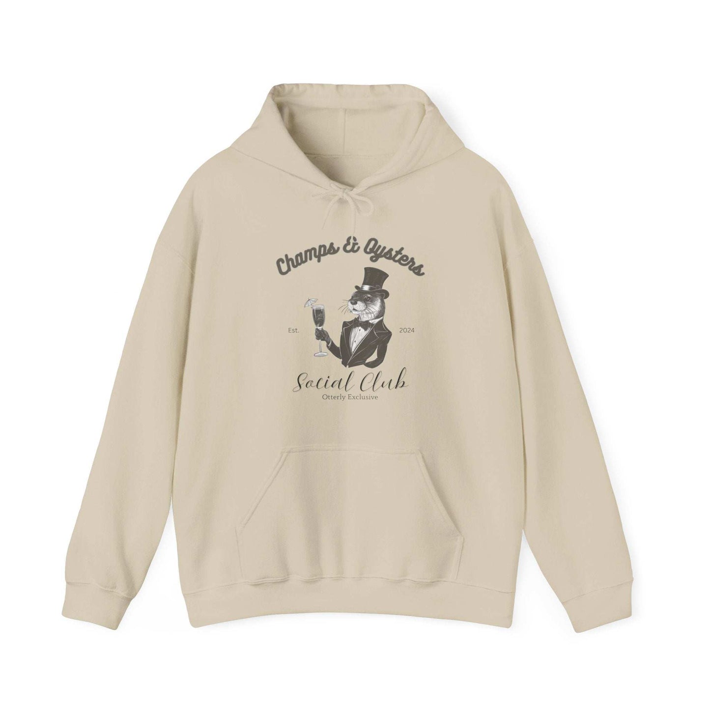 Champs And Oysters Otterly Exclusive Social Club Hoodie. Unisex Cotton Hooded Sweatshirt. Otterwear for the Champagne and Oyster Lover.