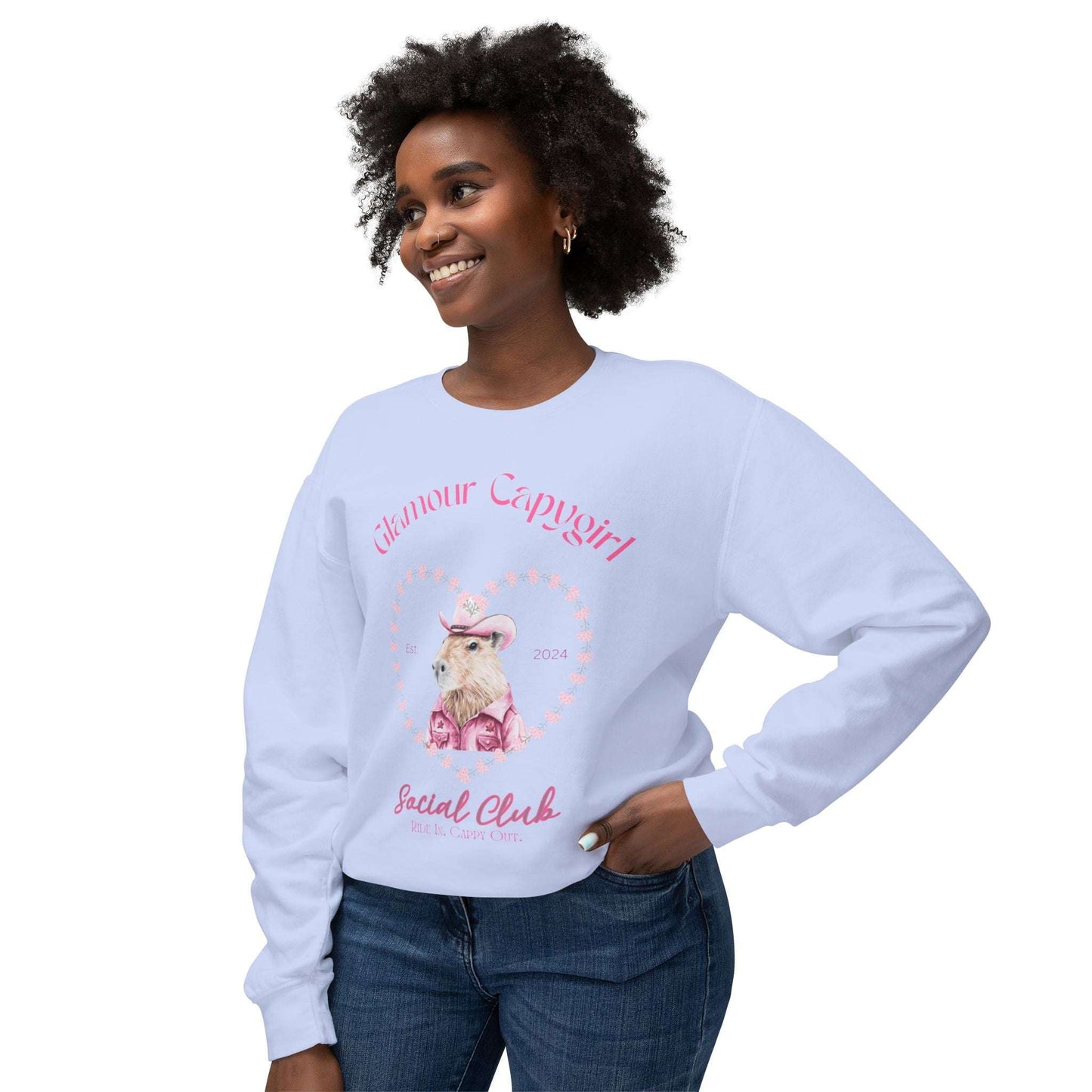 Glamour Capygirl Social Club Pullover | Capybara Cowgirl  Unisex Lightweight Crewneck Sweatshirt. Unique Glamour Cowgirl Sweatshirt Gift.