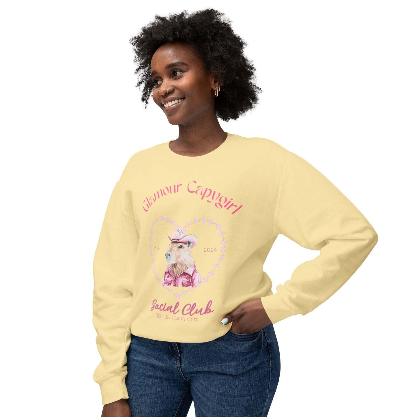 Glamour Capygirl Social Club Pullover | Capybara Cowgirl  Unisex Lightweight Crewneck Sweatshirt. Unique Glamour Cowgirl Sweatshirt Gift.