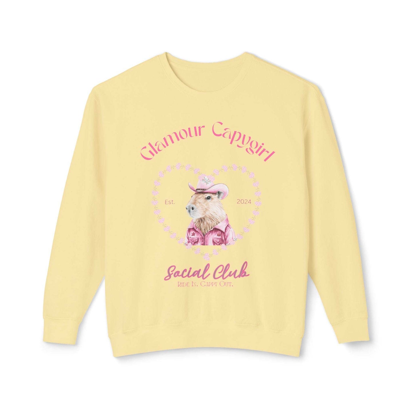 Glamour Capygirl Social Club Pullover | Capybara Cowgirl  Unisex Lightweight Crewneck Sweatshirt. Unique Glamour Cowgirl Sweatshirt Gift.