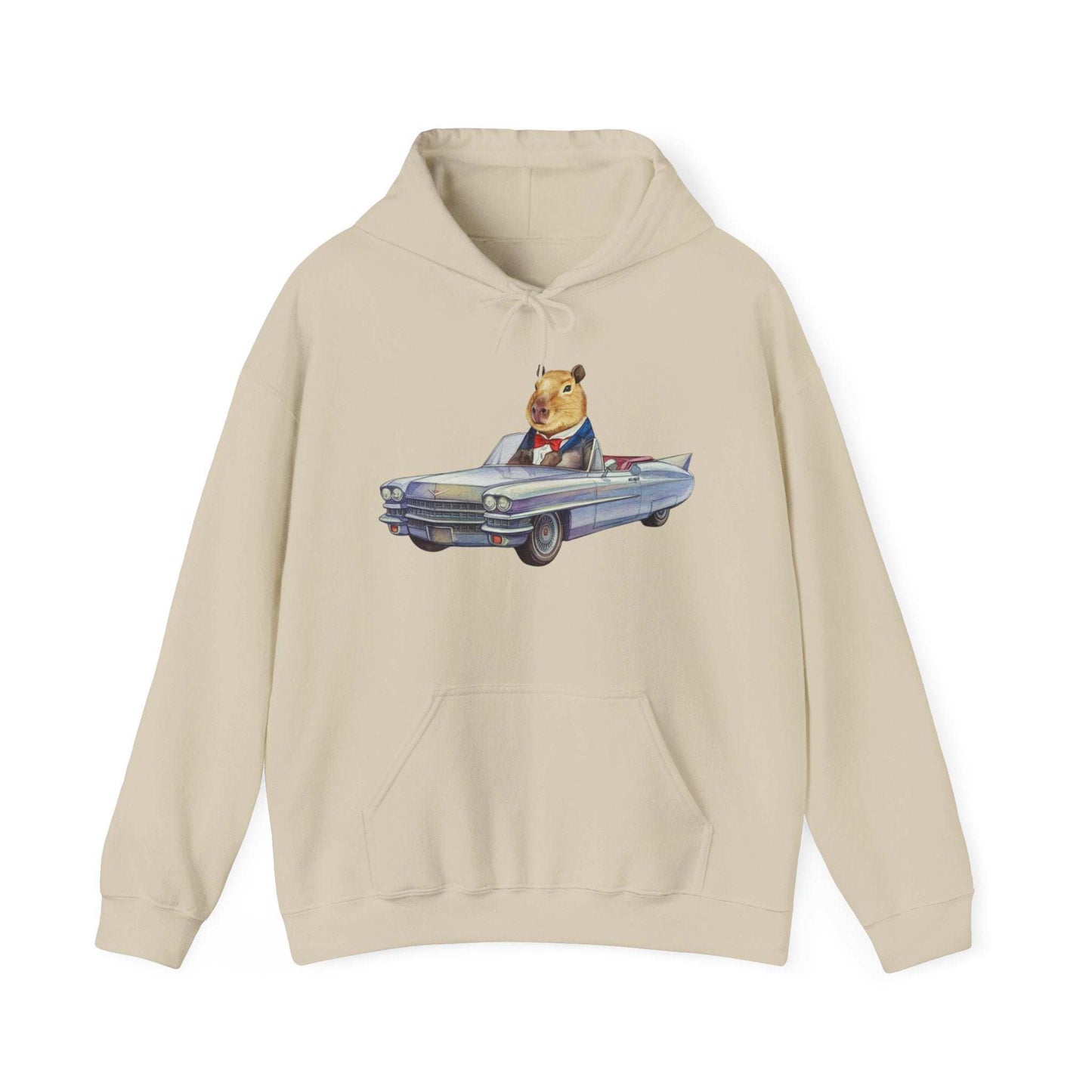 Capybara in a Suit Driving a Vintage Convertible Cadillac Unisex Fall Oversized Hooded Sweatshirt. Vintage Car Lover Hoodie. Cappy Hoodie.