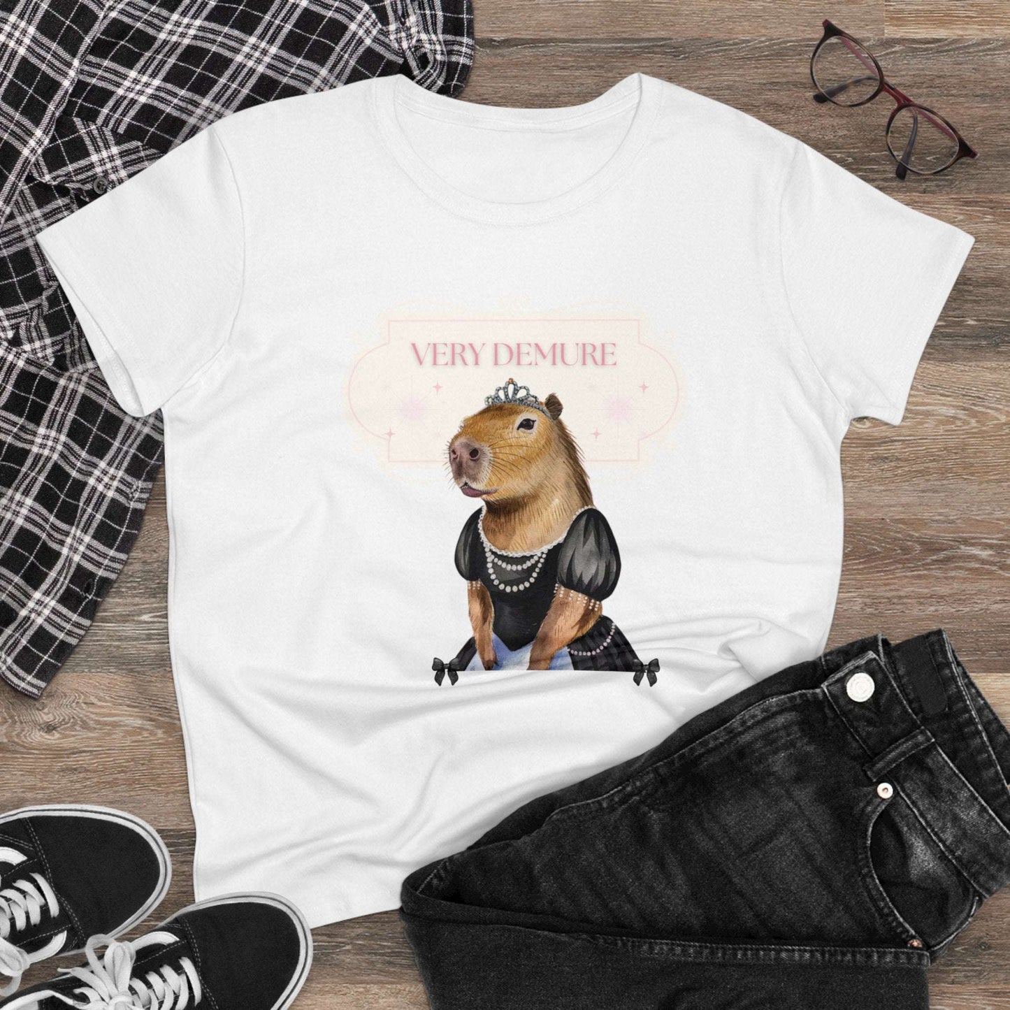 Very Demure Capybara Women's Cotton Tee. Cutesy Capy Tshirt in Her Very Demure Phase. Fun For Fall, Back To School. Gifts For Her.