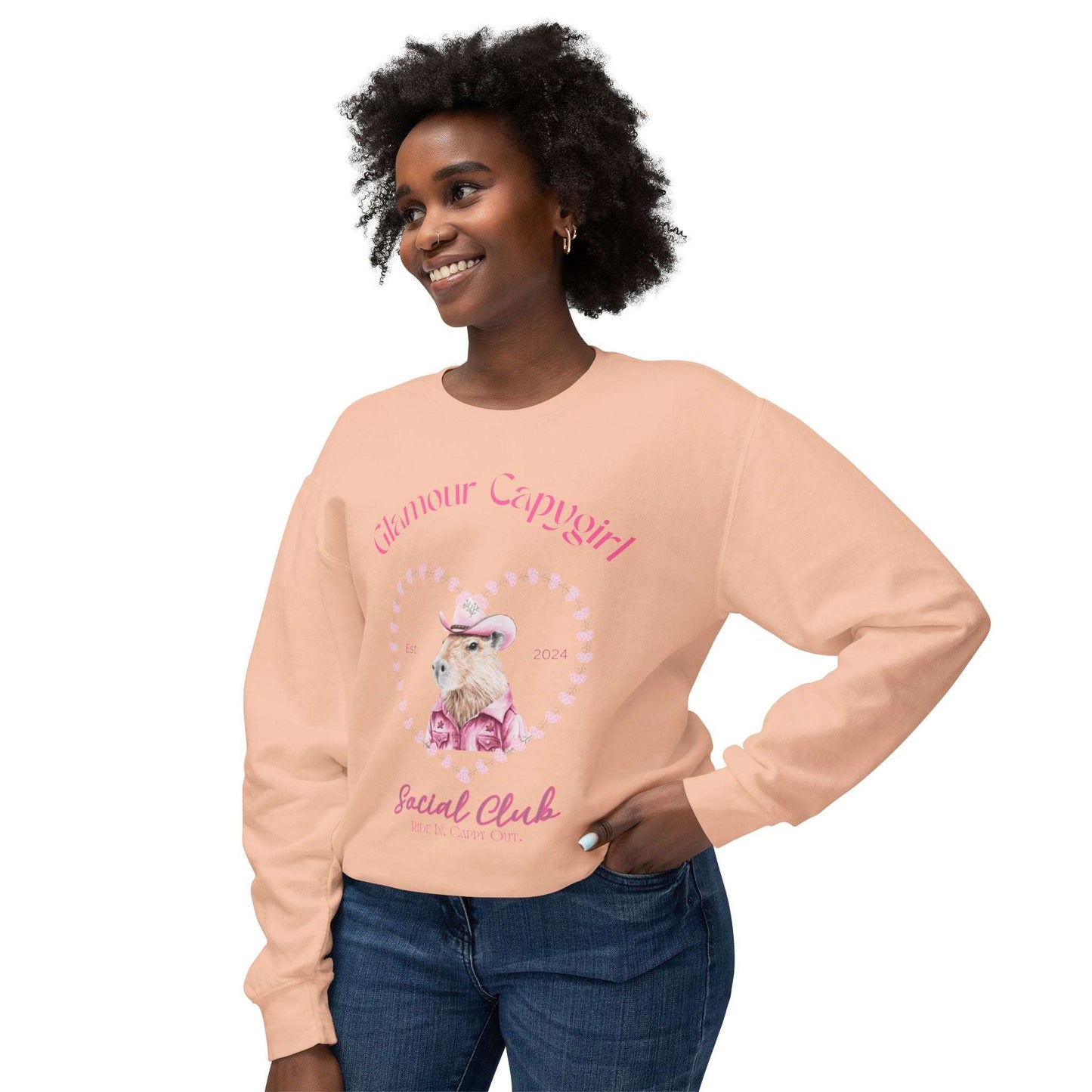 Glamour Capygirl Social Club Pullover | Capybara Cowgirl  Unisex Lightweight Crewneck Sweatshirt. Unique Glamour Cowgirl Sweatshirt Gift.